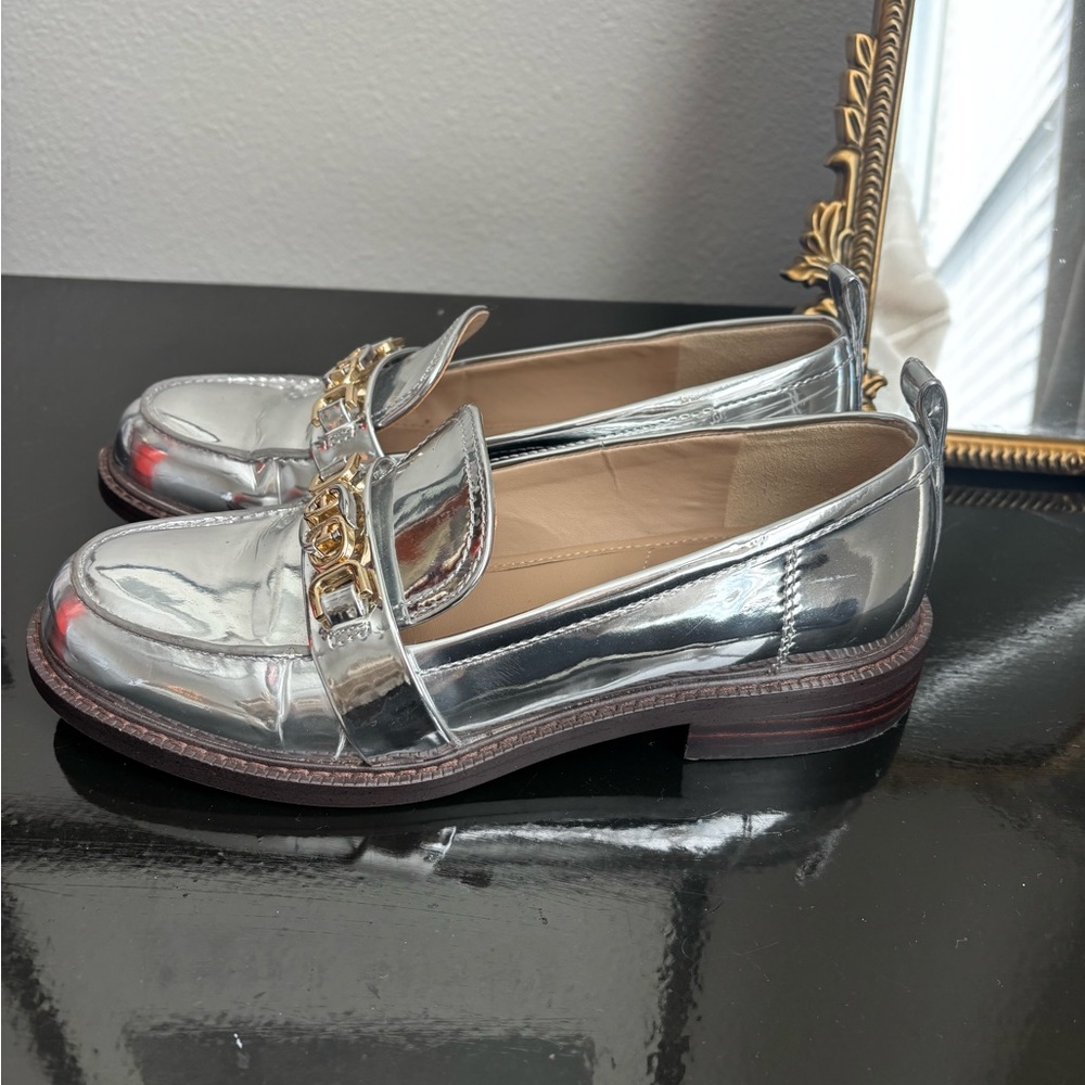 Sam Edelman Silver Loafers with Gold Chain Detail